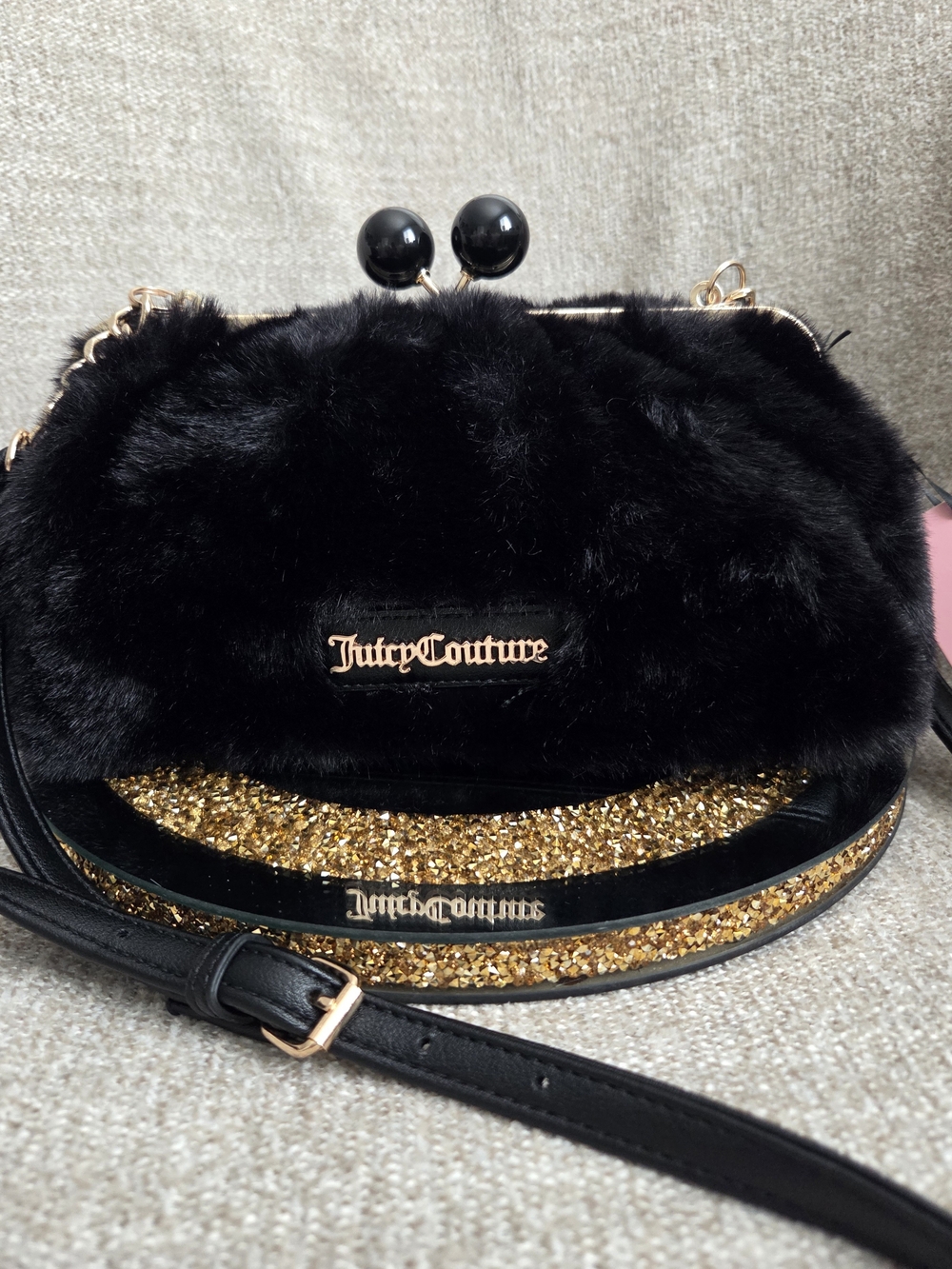 Juicy Couture Black Faux Fur Crossbody with Gold Glitter Trim